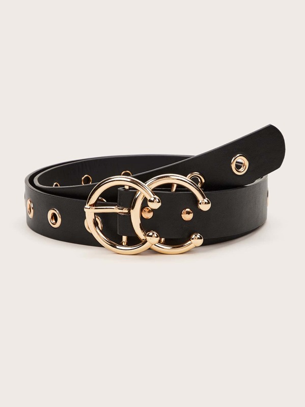 

Eyelet Decor Double Cuff O-ring Buckle Belt, Black