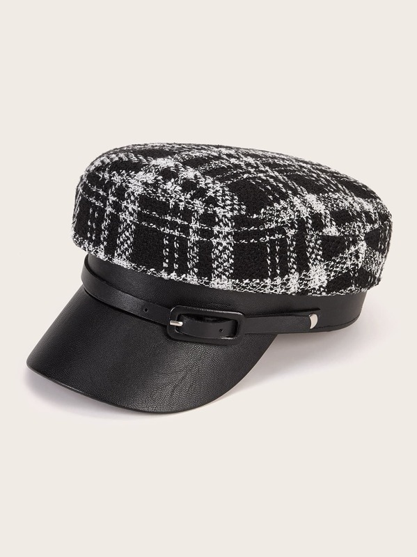 

Plaid Pattern Belt Decor Baker Boy Cap, Black