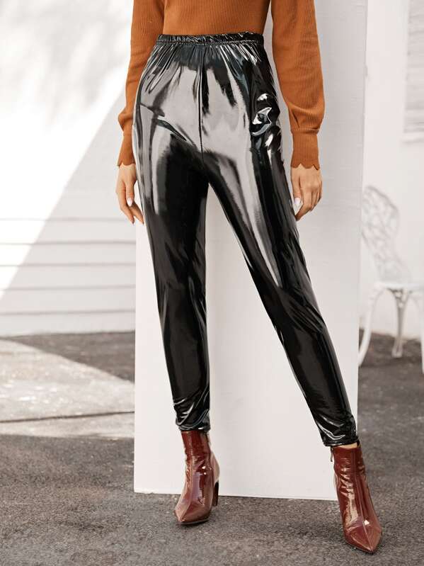 

Skinny Elastic Waist Patent PU Pants, Black, Nathane