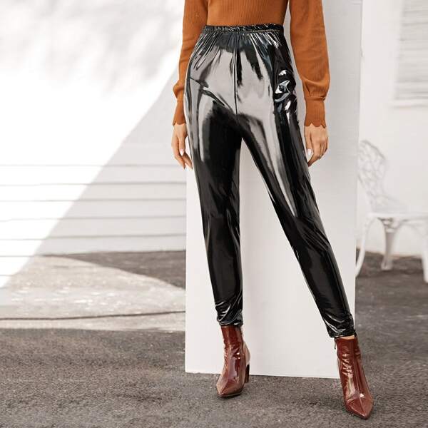 

Skinny Elastic Waist Patent PU Pants, Black