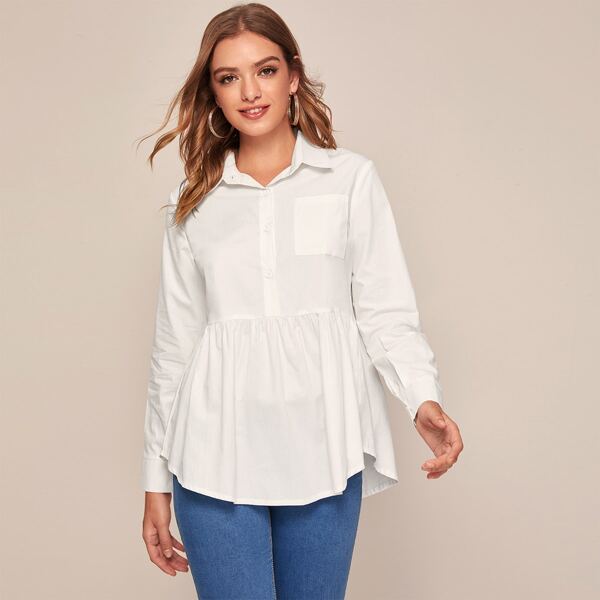 

Solid Half Button Babydoll Blouse, White
