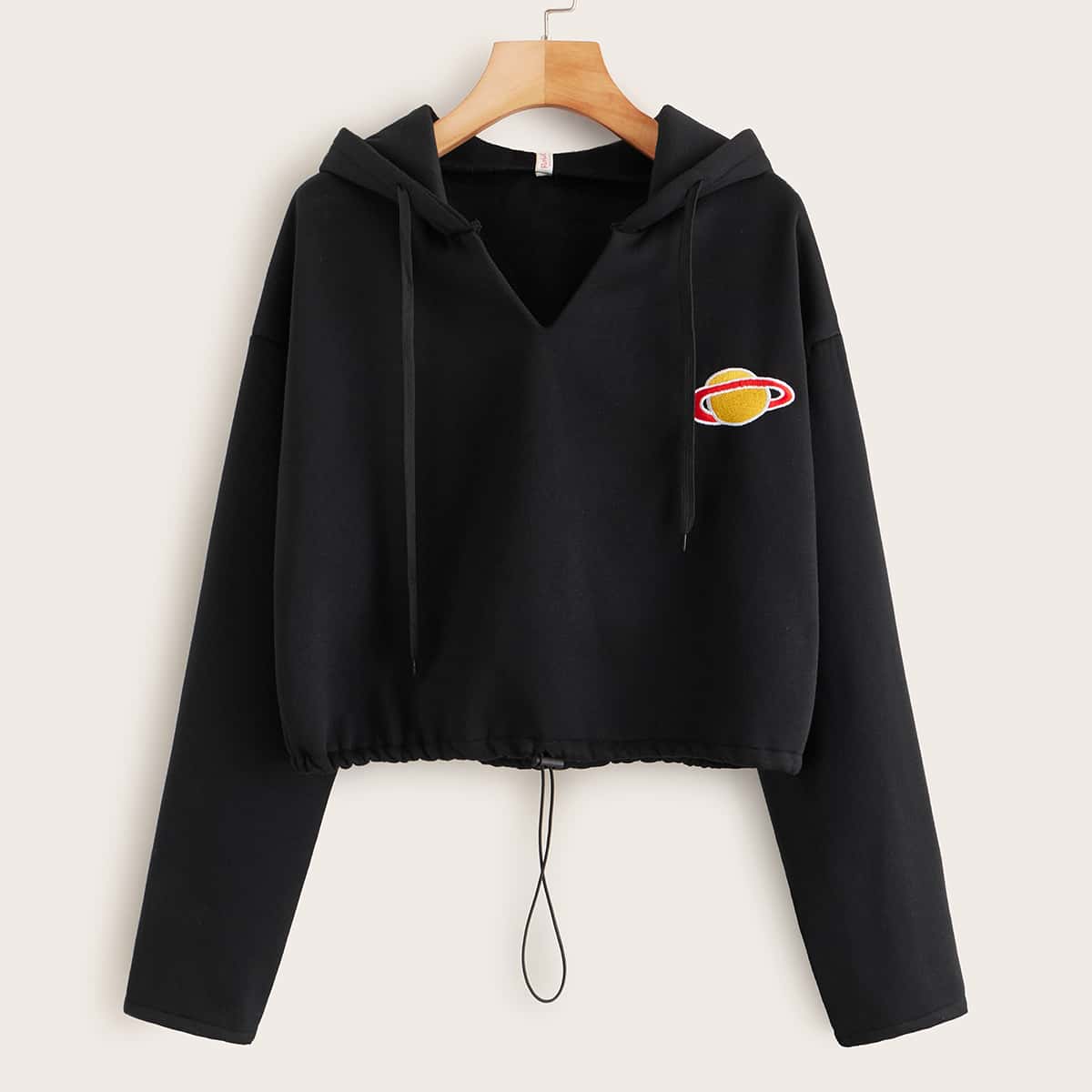 

Planet Embroidery Drawstring Hem Hoodie, Black