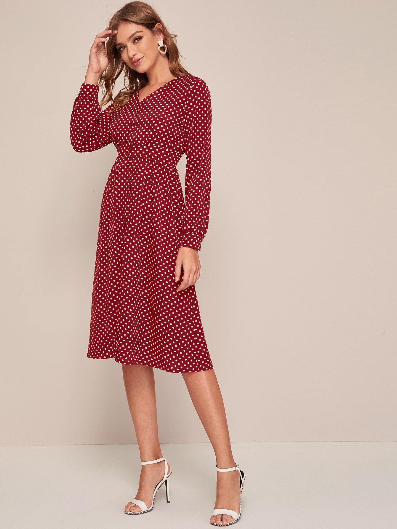 Polka Dot Button Front V-Neck Dress pictures