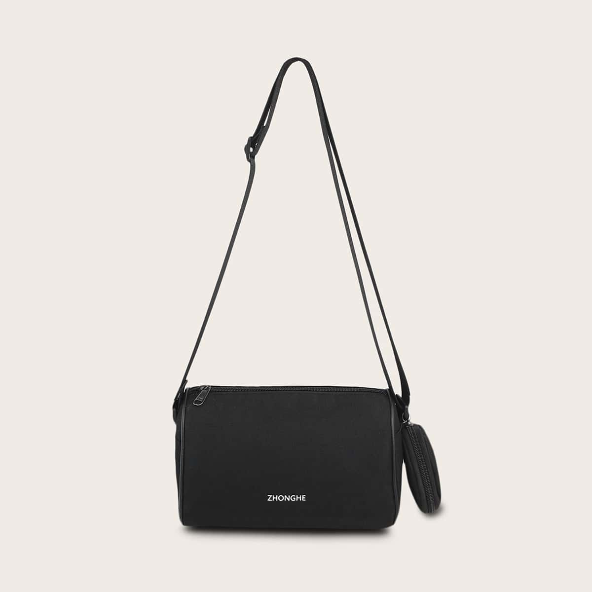 

Letter Detail Crossbody Bag With Coin Case, Black