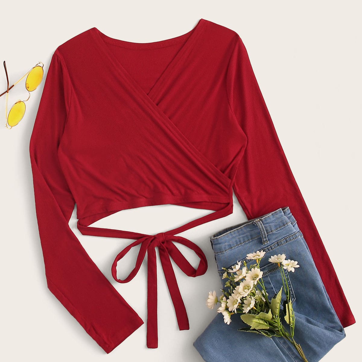 

Solid Surplice Front Knot Hem Crop Tee, Red