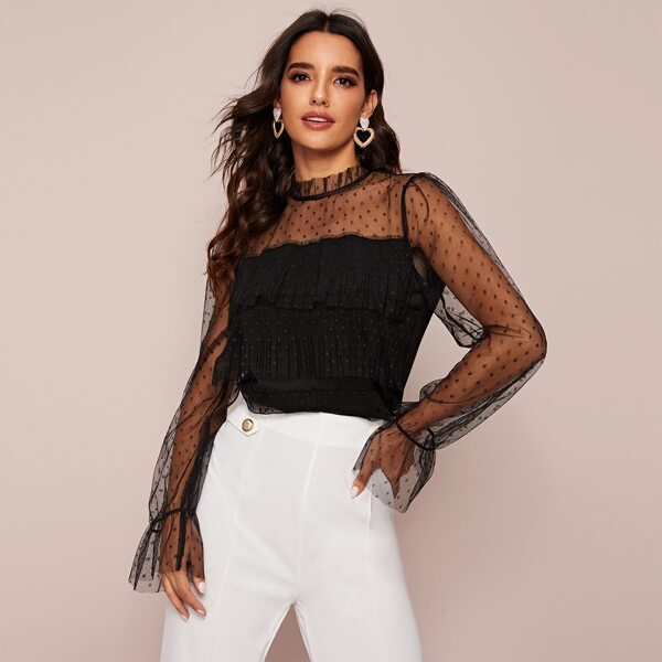 

Sheer Dobby Mesh Panel Ruffle Trim Tee, Black