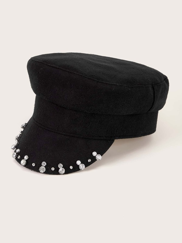 

Rhinestone Decor Baker Boy Hat, Black