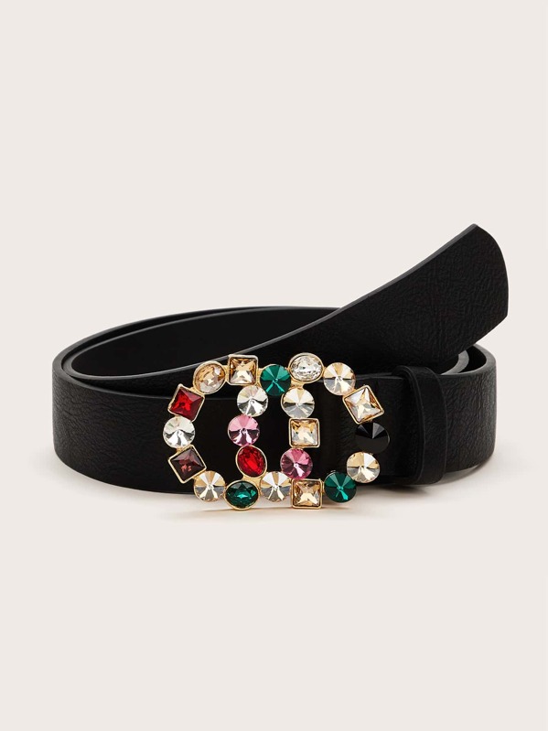 

Rhinestone Engraved Double O-ring Buckle Belt, Black