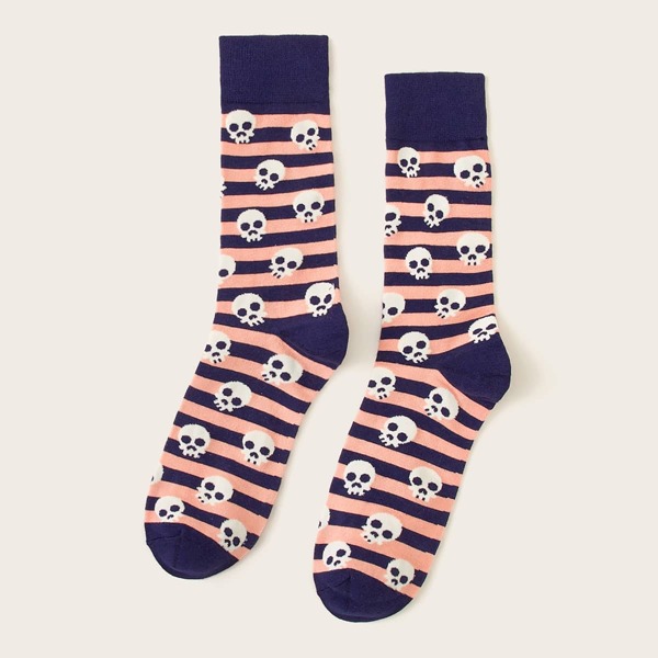 

1pair Skull & Striped Pattern Socks, Multicolor