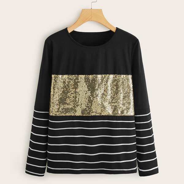 

Contrast Sequin Striped Round Neck Tee, Black