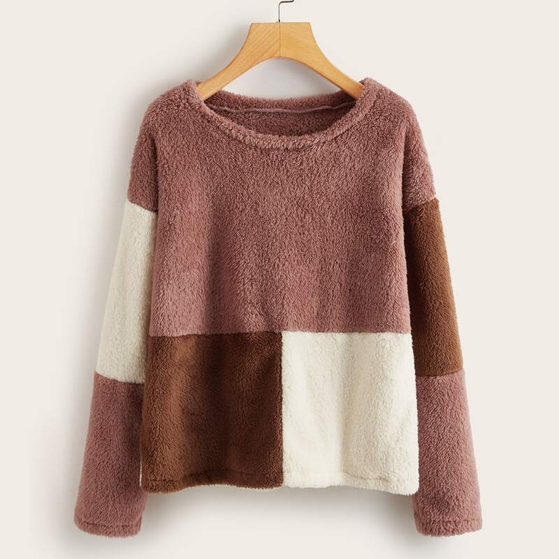 

Contrast Panel Round Neck Teddy Sweatshirt, Multicolor