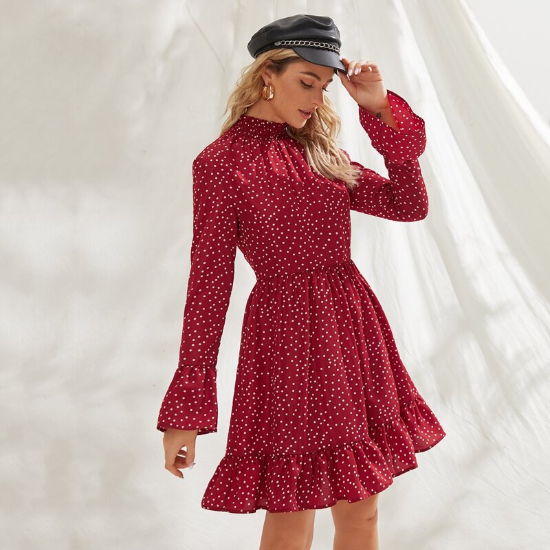 

Polka Dot Print Ruffle Hem A-line Dress, Red