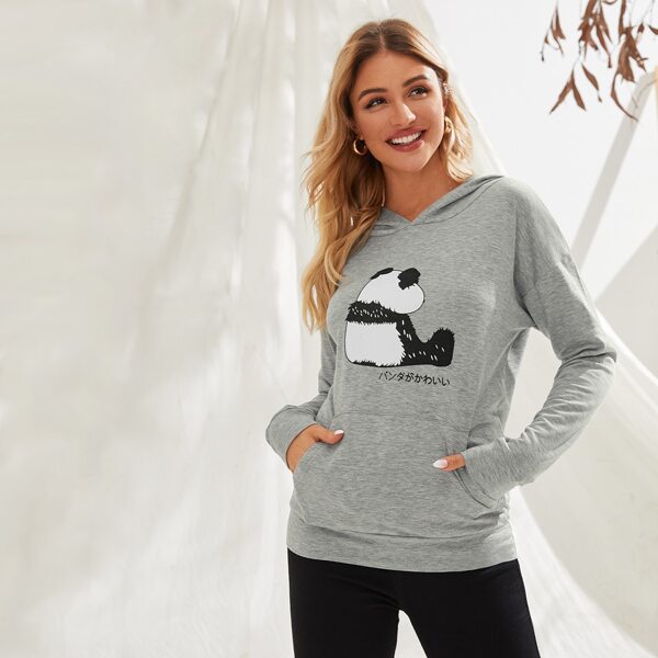 

Panda Print Pouch Pocket Hoodie, Grey