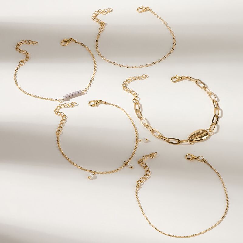 

5pcs Shell & Faux Pearl Decor Chain Bracelet Set, Gold