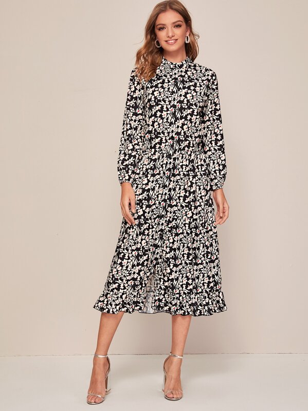 

Floral Print Ruffle Hem Split Dress, Black and white, Luiza