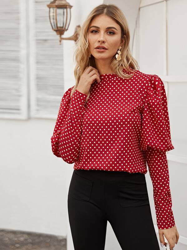 

Polka Dot Leg-of-mutton Blouse, Red, Nathane