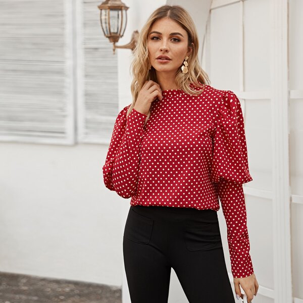 

Polka Dot Leg-of-mutton Blouse, Red