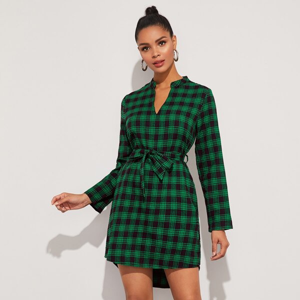 Notched Neck Self Tie Tartan Dress, Green