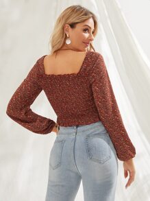 Chiquease Ditsy Floral Smocked Lettuce-Edge Top - Redwood - View 2