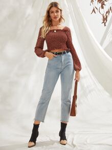 Chiquease Ditsy Floral Smocked Lettuce-Edge Top - Redwood - View 3