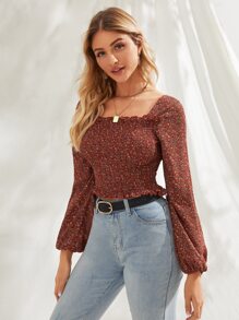 Chiquease Ditsy Floral Smocked Lettuce-Edge Top - Redwood - View 4