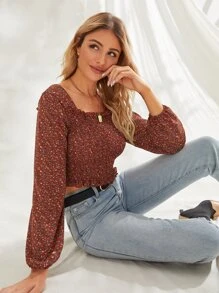 Chiquease Ditsy Floral Smocked Lettuce-Edge Top - Redwood - View 5