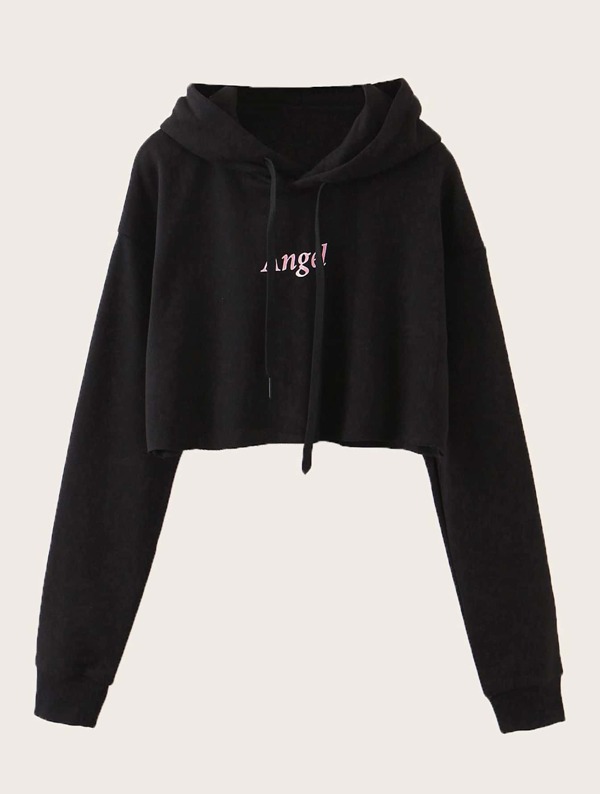 

Letter Graphic Crop Drawstring Hoodie, Black