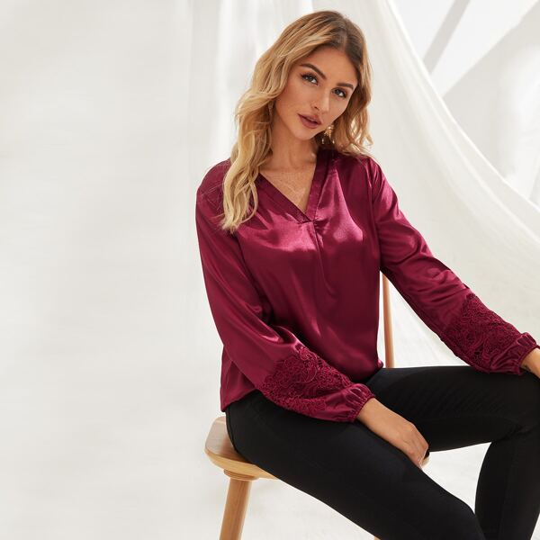 

V-neck Contrast Lace Cuff Satin Blouse, Burgundy
