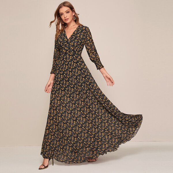 

Ditsy Floral Shirred Cuff Chiffon Dress, Multicolor