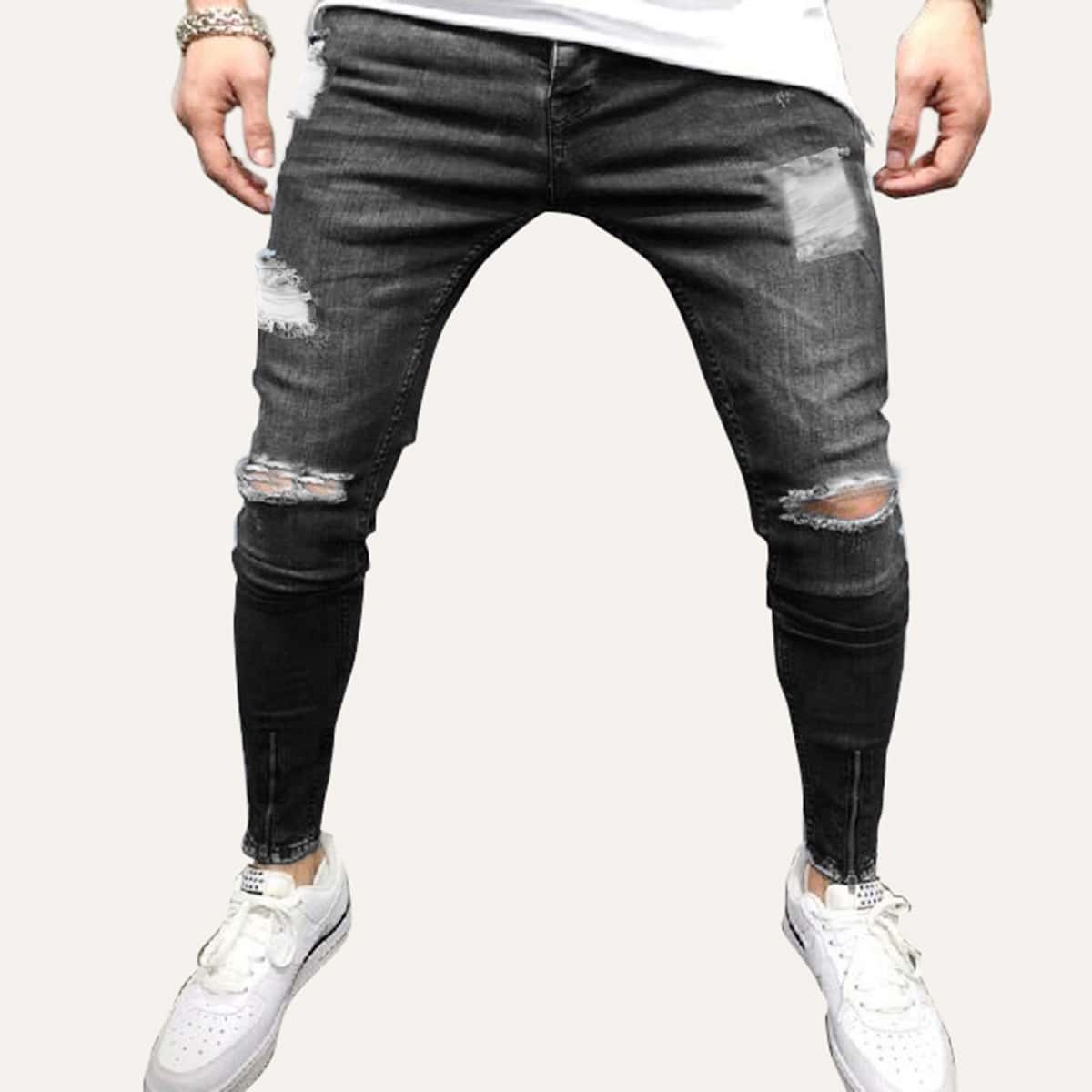 

Guys Zip Hem Ripped Skinny Jeans, Black