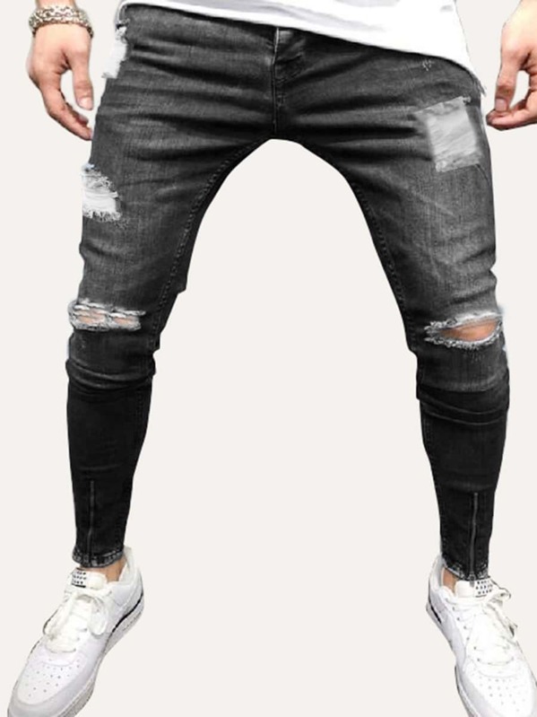 

Men Zip Hem Ripped Skinny Jeans, Black