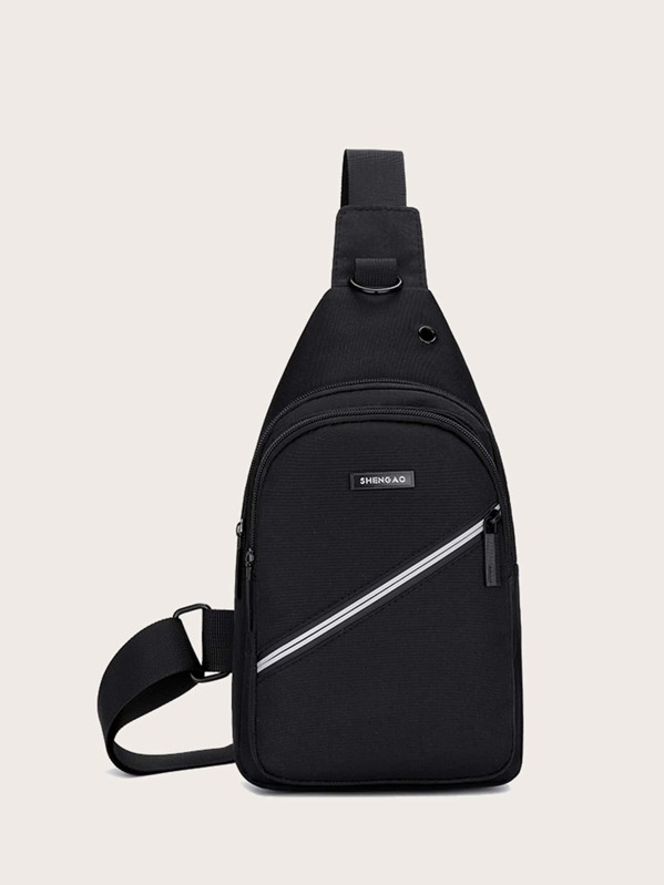 

Men Striped Zip Front Sling Bag, Black