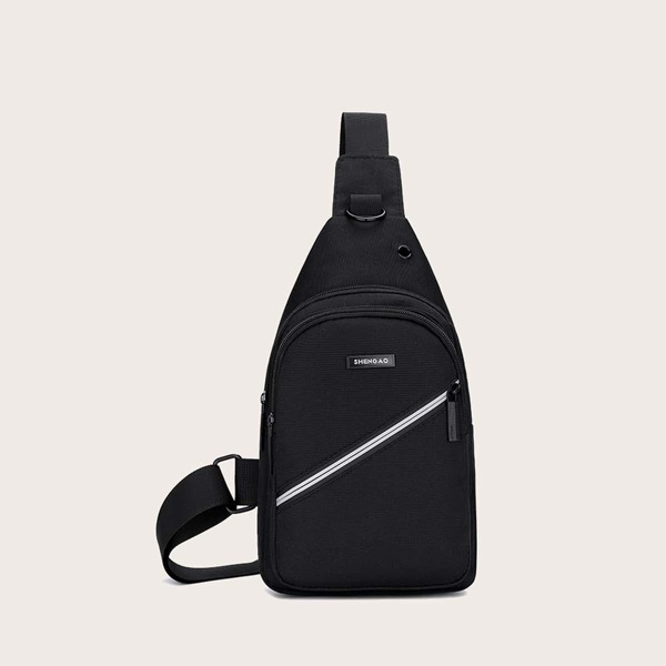 

Men Striped Zip Front Sling Bag, Black