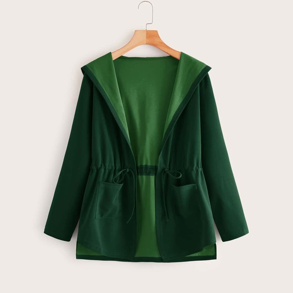 

Dual Pockets Drawstring Waist Hooded Coat, Green