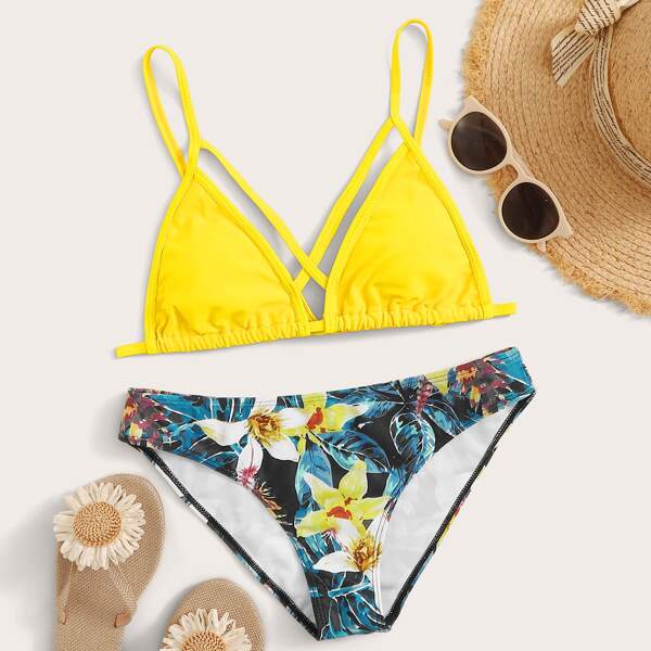 

Triangle Top With Floral Random Print Cheeky Bikini, Multicolor
