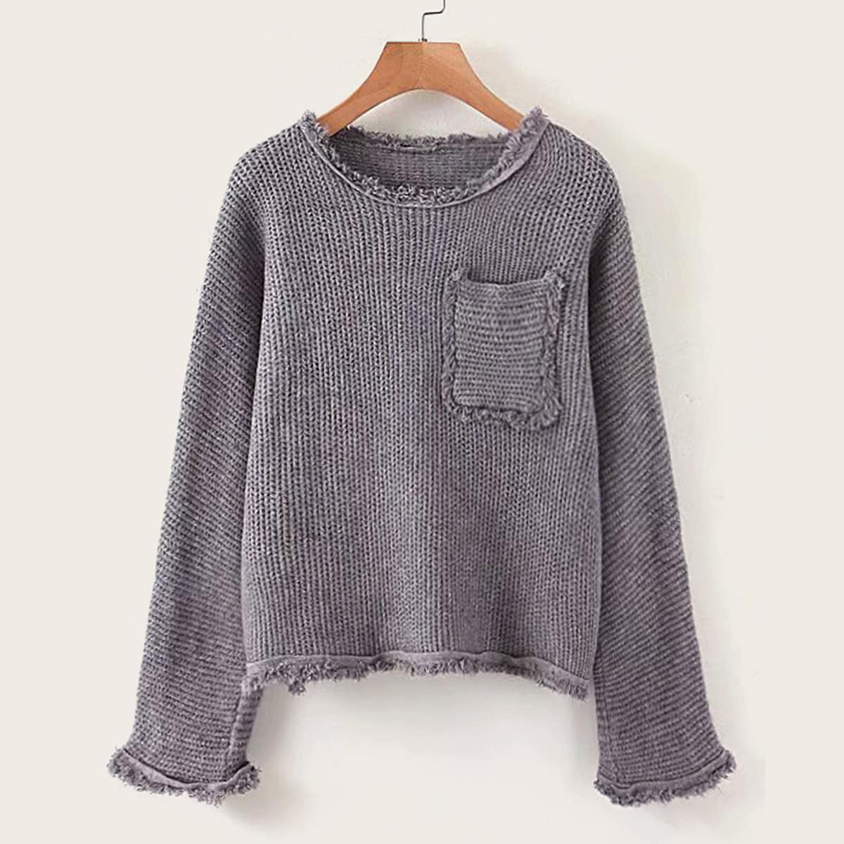 

Raw Hem Pocket Front Sweater, Grey