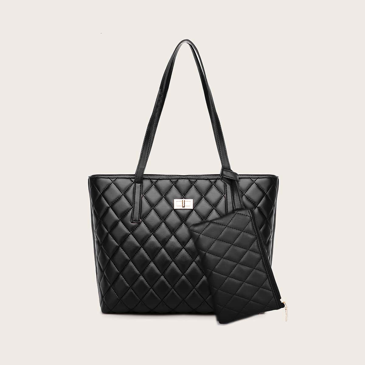 

Twist Lock Quilted Tote Bag With Purse, Black