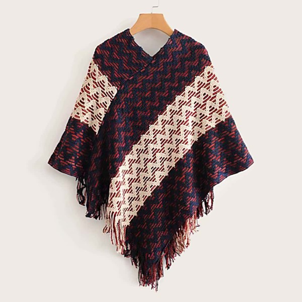 

Fringe Trim Chevron Poncho Sweater, Multicolor
