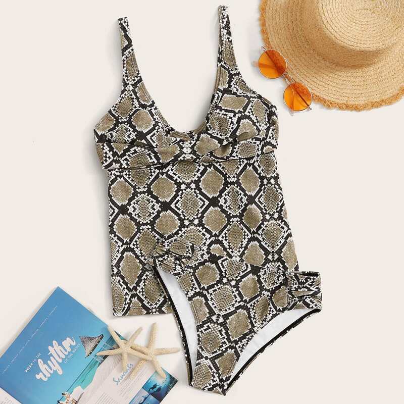 

Snakeskin Top With High Cut Tankini Set, Multicolor