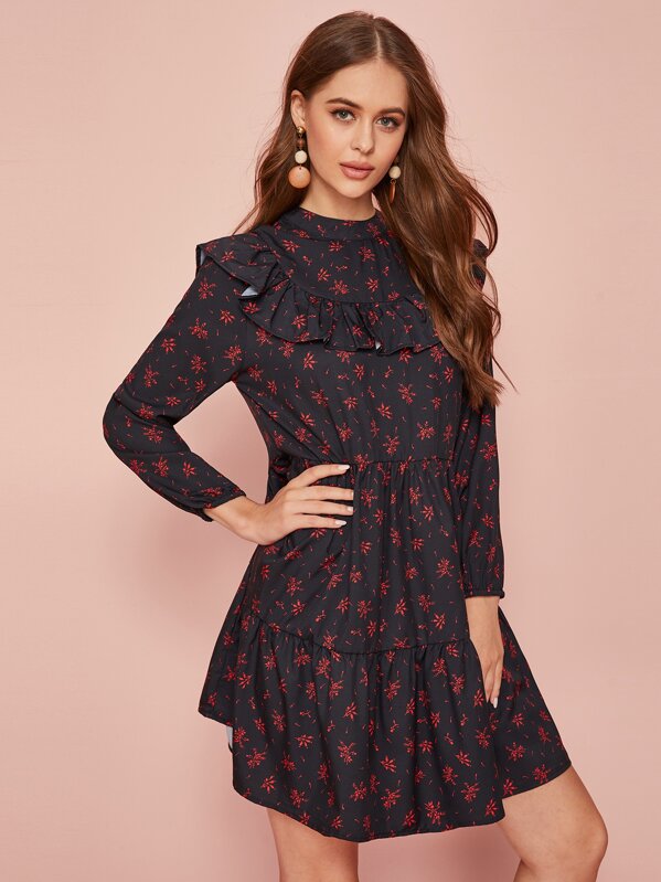 

Floral Allover Print Ruffle Trim A-Line Dress, Black, Sonya