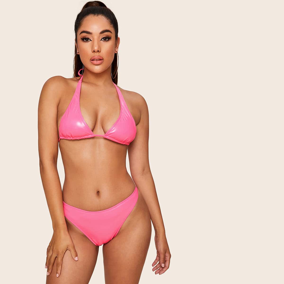 

PU Halter Top With High Cut Bikini Set, Pink