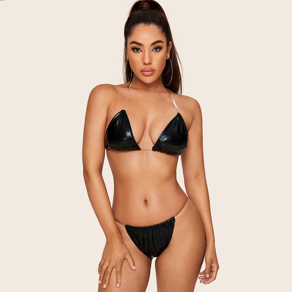

PU Triangle Halter Top With High Cut Bikini, Black