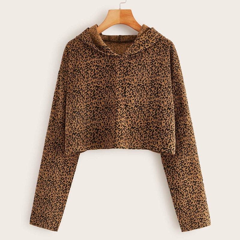 

Leopard Print Corduroy Hoodie, Brown