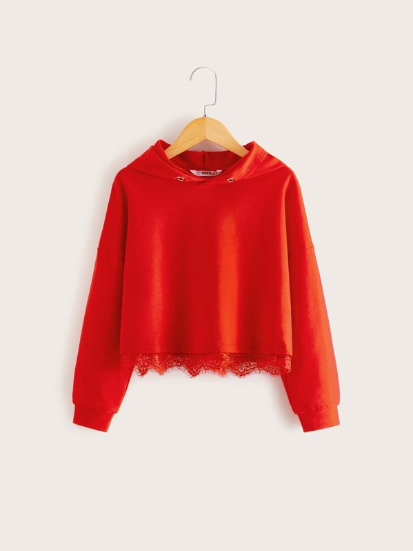 

Girls Drop Shoulder Lace Detail Hem Hoodie, Red