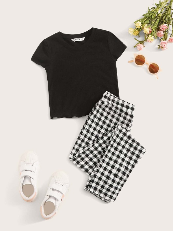 

Girls Lettuce Trim Top & Plaid Pants Set, Black and white