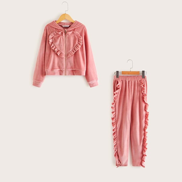

Girls Zip Up Ruffle Trim Fleece Hoodie & Pants Set, Pink pastel