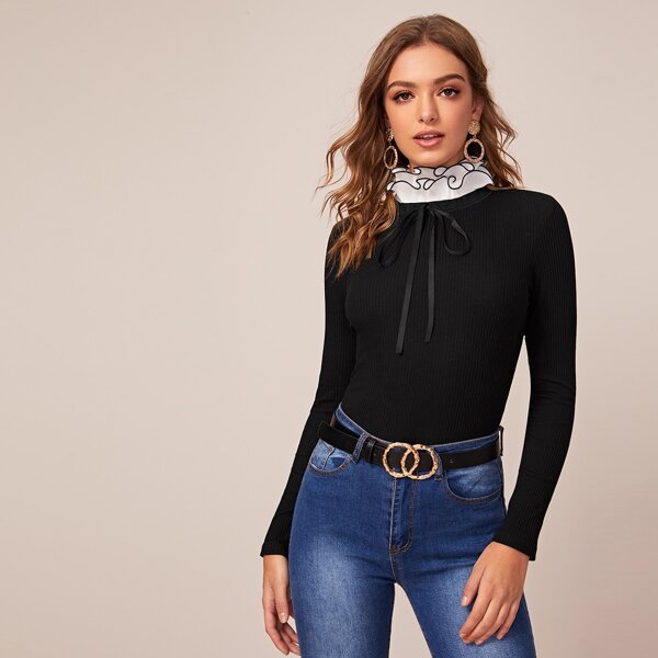 

Lettuce Trim Tie Neck Rib-knit Top, Black