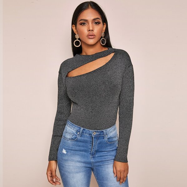 

Cut-out Detail Glitter Rib-knit Slim Sweater, Grey
