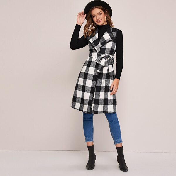

Gingham Pattern Belted Waterfall Vest Coat, Black and white