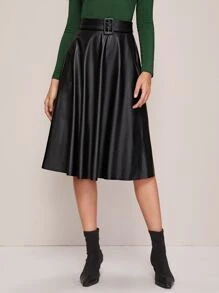 SHEIN Privé Zipper Back Belted Flare PU Skirt - Black - View 1